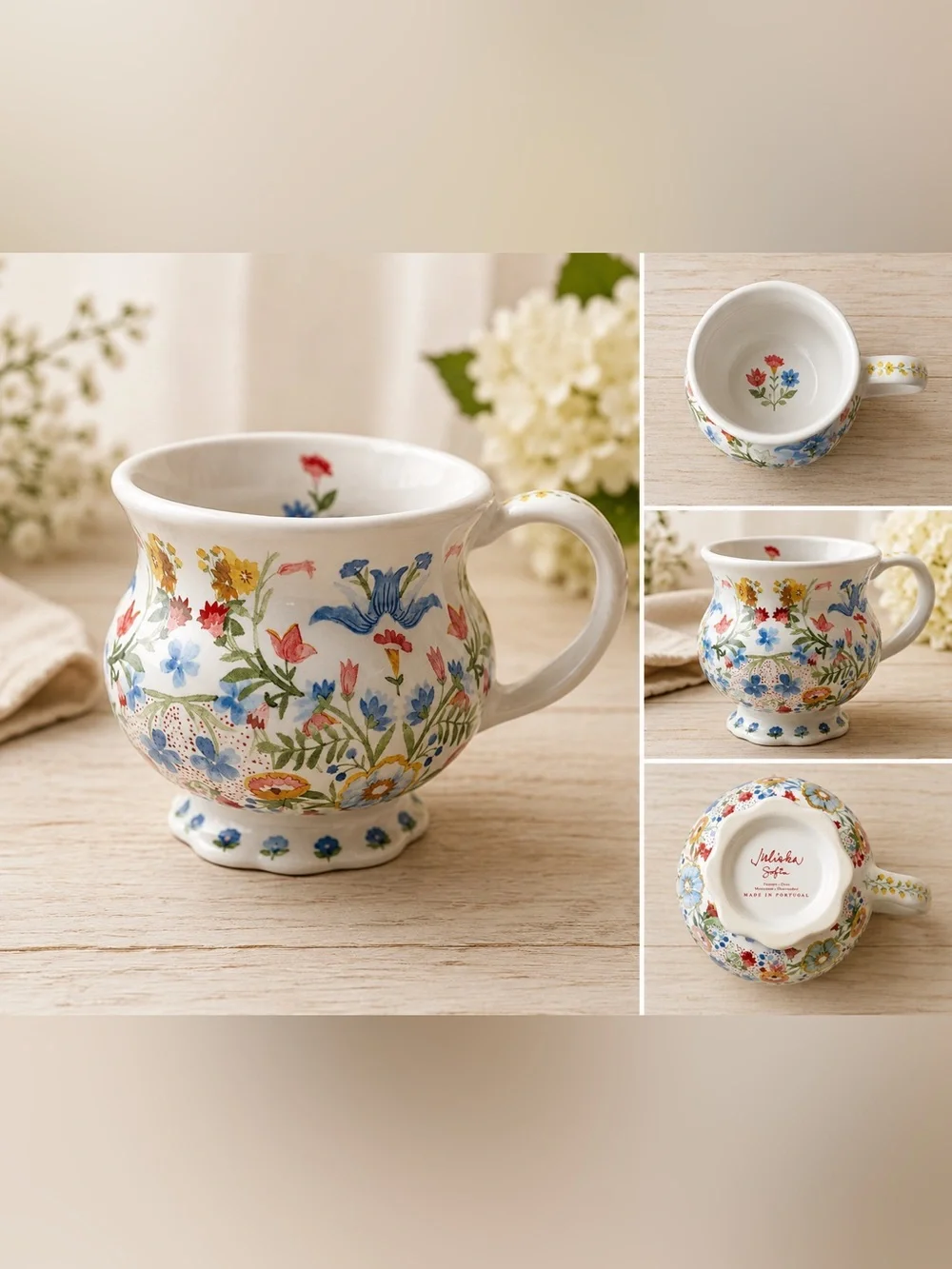 Juliuska Sofia Floral Mug Made in Portugal Footed Ceramic Tea Coffee Cup Cottage